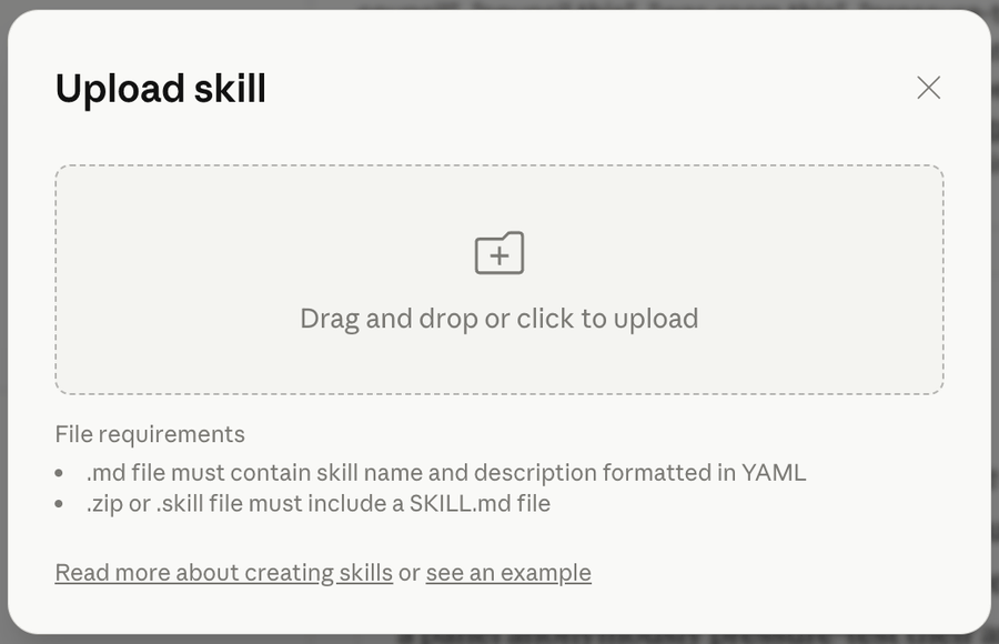 The Upload Skill panel in the Claude desktop app