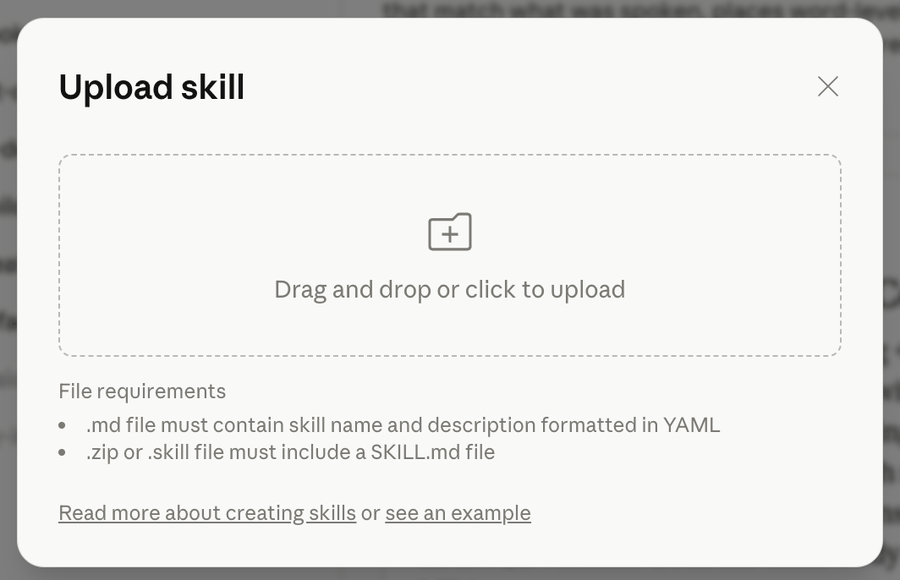 The Upload Skill panel in Claude Code