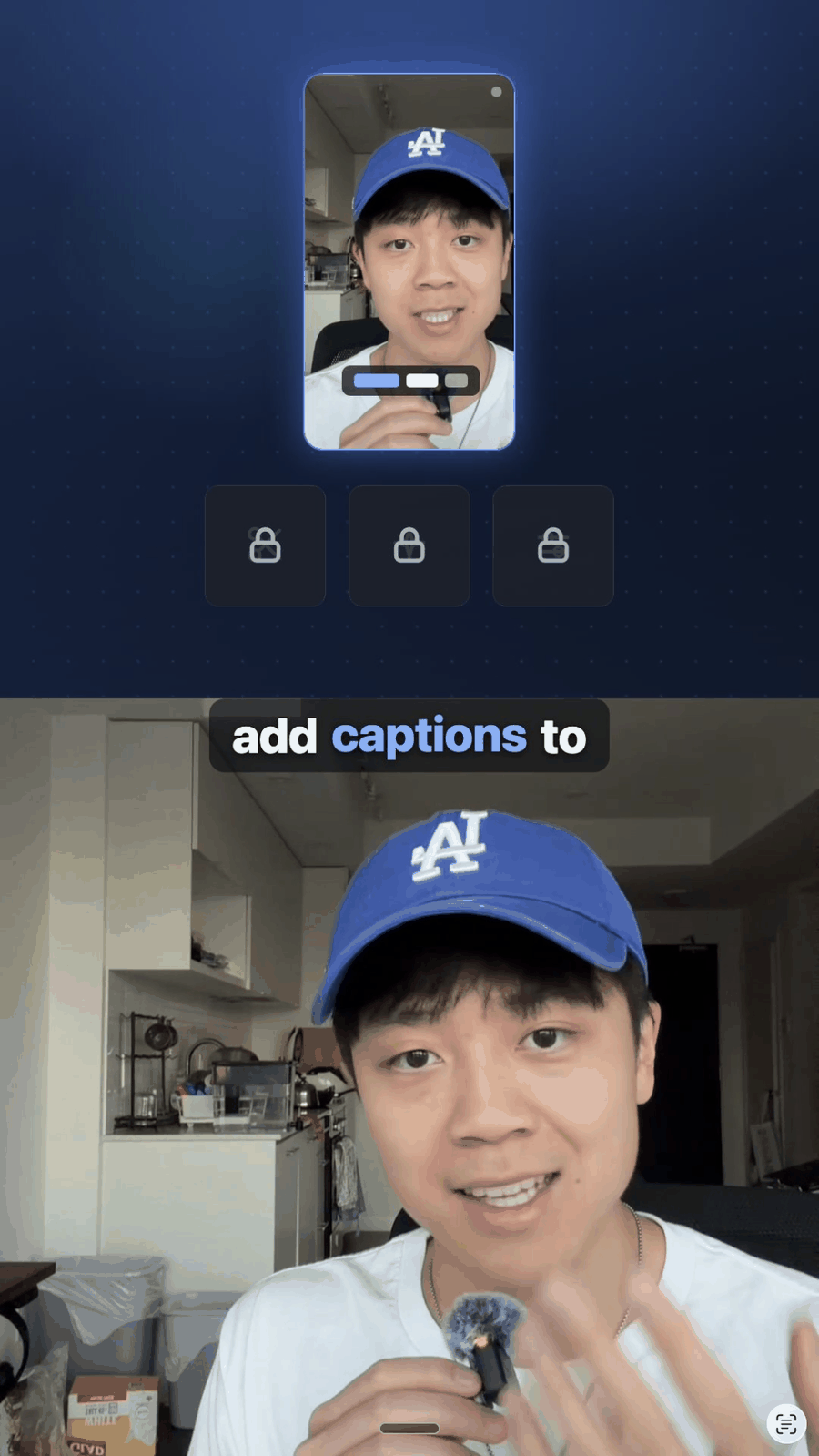 Word-by-word captions rendered over the footage
