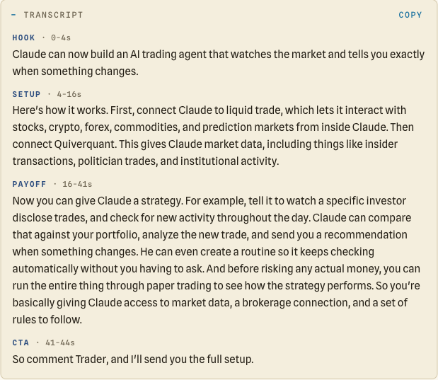 The transcript split into Hook, Setup, Payoff and CTA sections