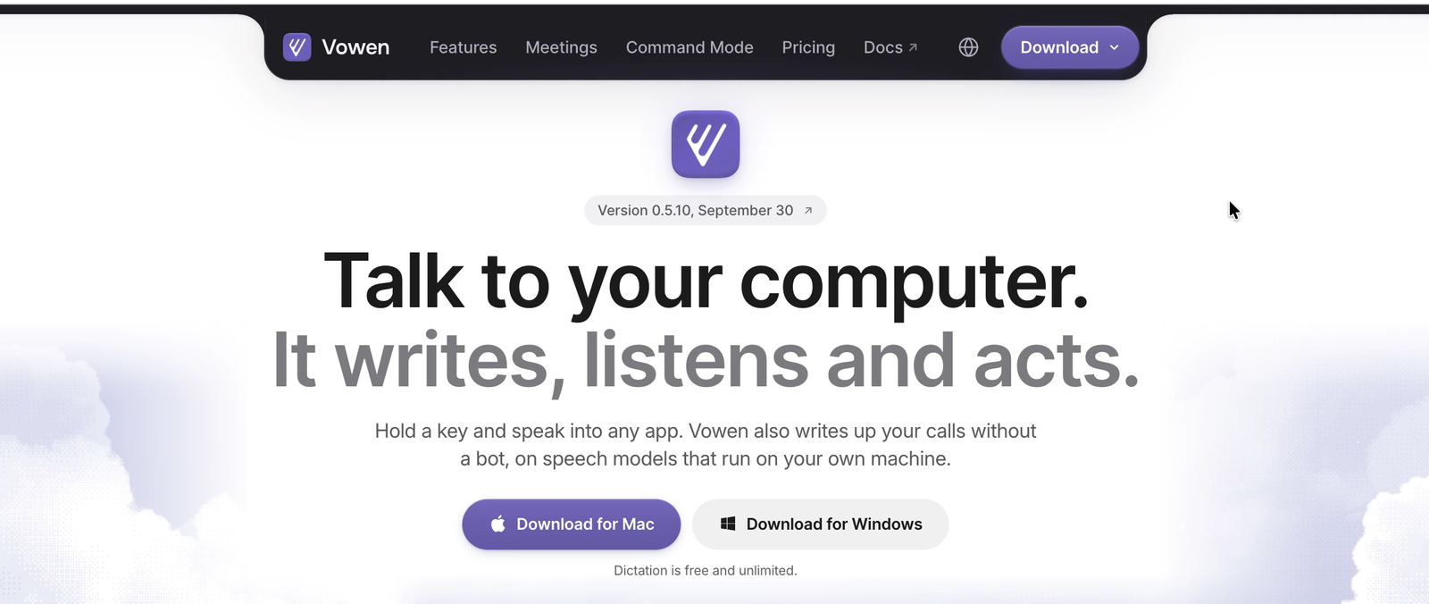 The Vowen homepage with the Download for Mac and Download for Windows buttons