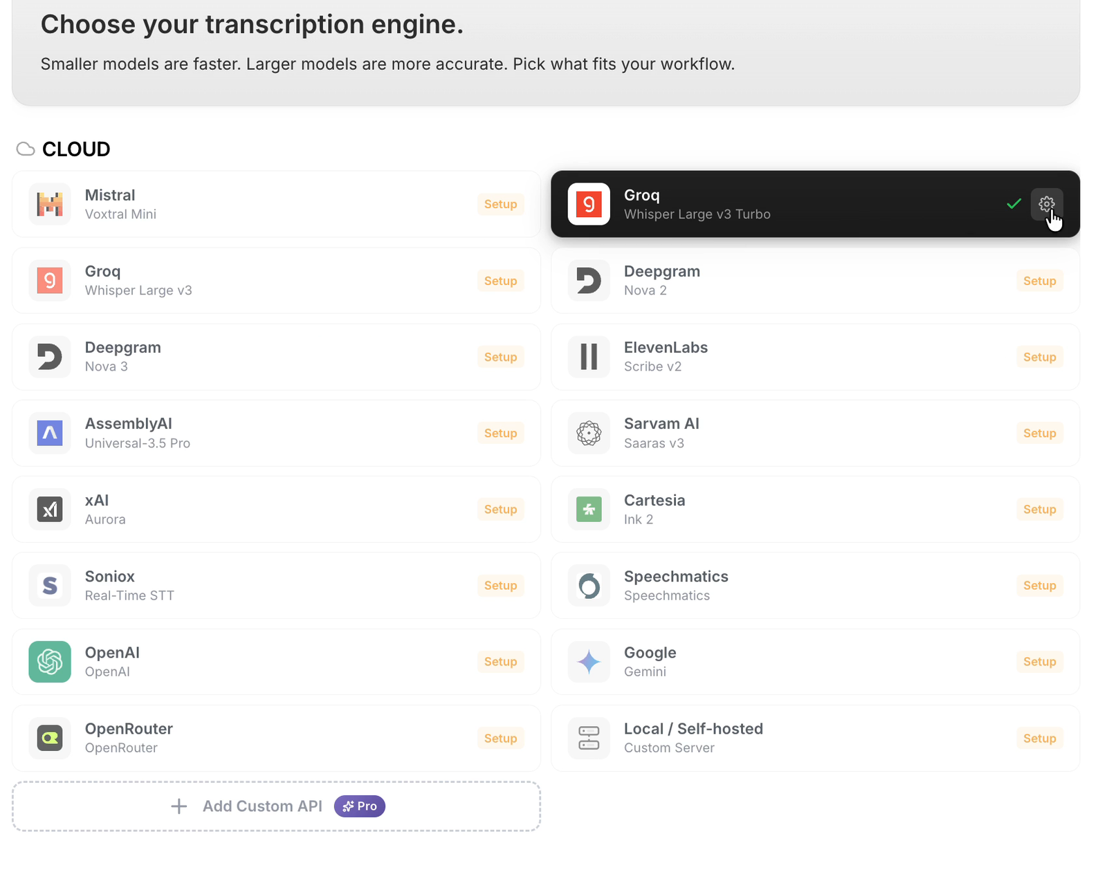 Vowen's speech models page with Groq, Whisper Large v3 Turbo selected