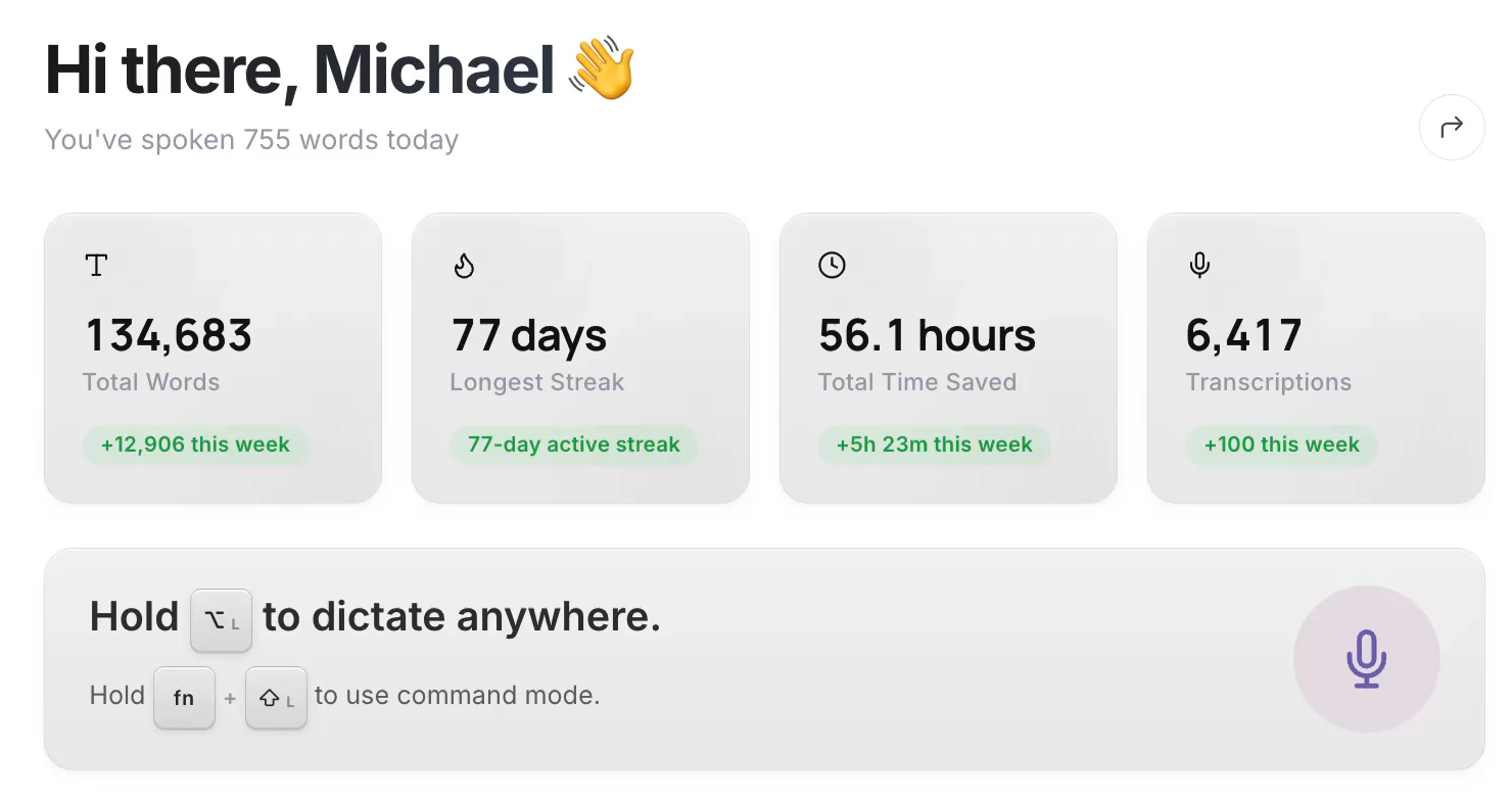 My Vowen home screen: 134,683 words, a 77-day streak and 56 hours saved
