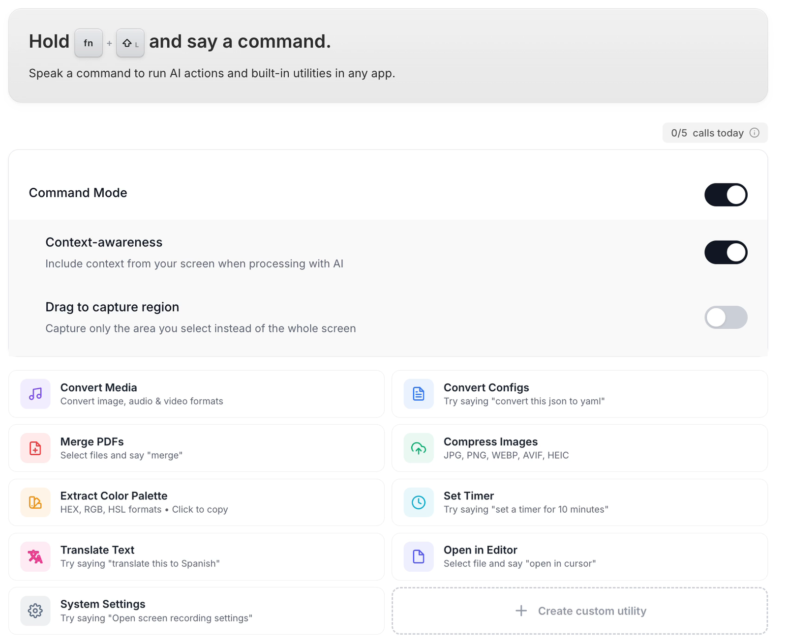 Vowen's Command Mode page with Convert Media, Merge PDFs, Compress Images and more