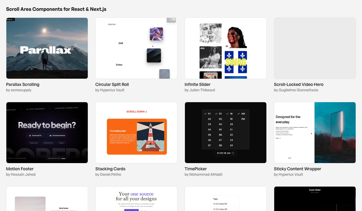 Browsing the Scroll Areas category on 21st.dev, showing component previews like Parallax Scrolling and Stacking Cards