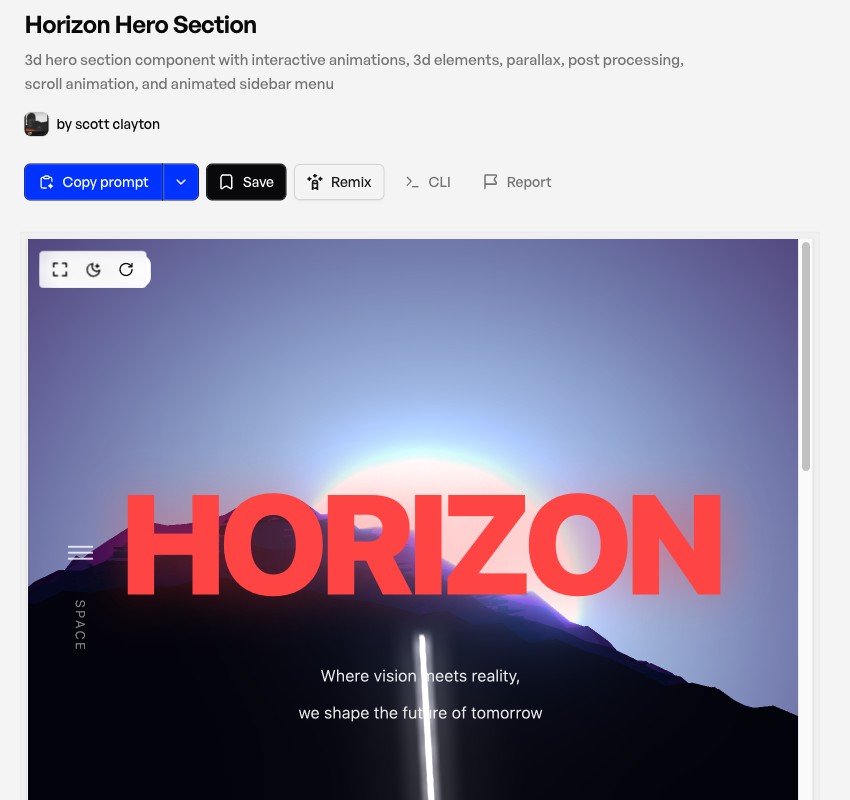 The Horizon Hero Section component page on 21st.dev showing a live preview of the scroll animation